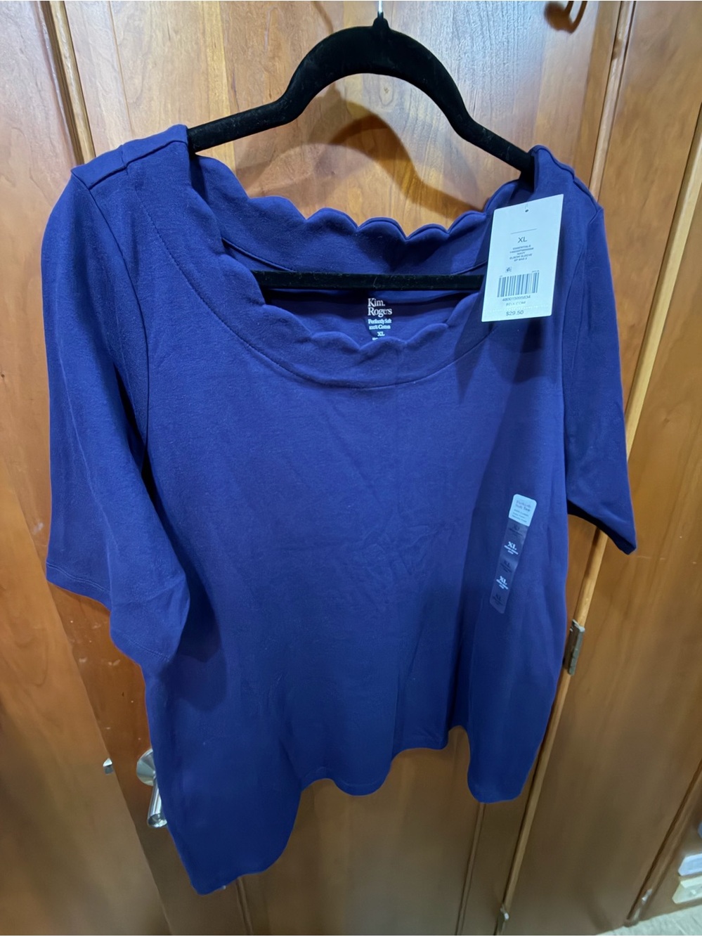 Kim Rogers NWT Essentials Navy Scalloped Neck Short Sleeve Top Size XL